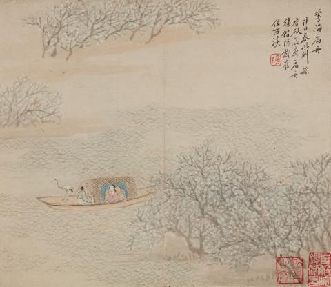 Tinglu Cheng - Bootsfahrt mit Kranich. Albumblatt. Tusche und wenig Farbe auf Papier. Aufschrift, Siegel: Xu Bo und zwei weitere Siegel.