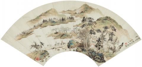 Various artists . 19./20. Jh. - Three fan paintings. Ink and colour on paper. a) Scholar under pine tree. Inscription, dated cyclically yihai, signed Xia Xuan and sealed Xia Xuan. b) River landscape. Inscripti...