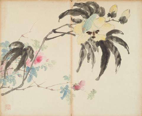  Anonymous painters - An album with eleven landscape and flower and bird paintings. Canton. 19th century.