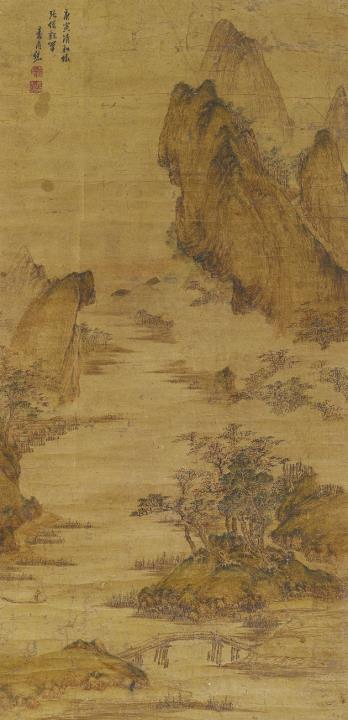  Unidentified painter - River landscape. Hanging scroll. Ink, colour and gold on paper. Inscription, signed and sealed. Qing dynasty.