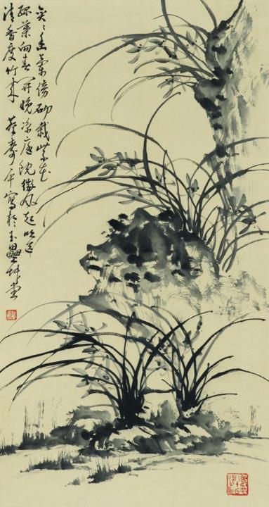Shouping Dong - A hanging scroll in the manner of Dong Shouping depicting orchids by rocks. Ink on paper. Inscribed and sealed Dong Shouping and a second seal.