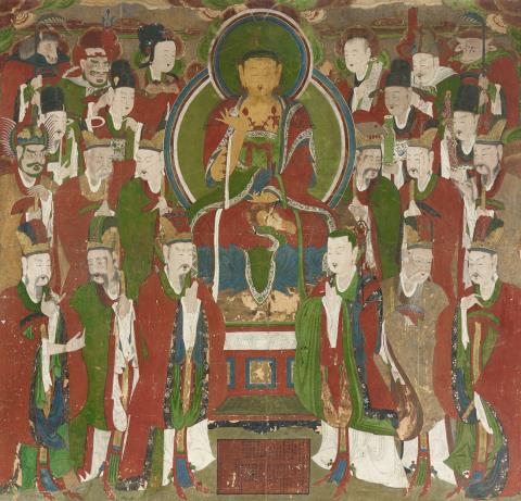 A Korean painting of Ksitigarbha (Jijang bosal) as supreme ruler of the underworld flanked by the Chinese monk Daoming (Tomyông) and demon king Mutôk in front of the throne and ...