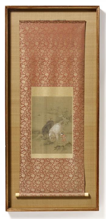 Anonymous painter . 18th/19th century - A boy with two elephants, a depiction of the story of the legendary emperor Shun from the "Twenty-four Paragons of Filial Piety". Ink and a few colour on silk. 18th/19th century.