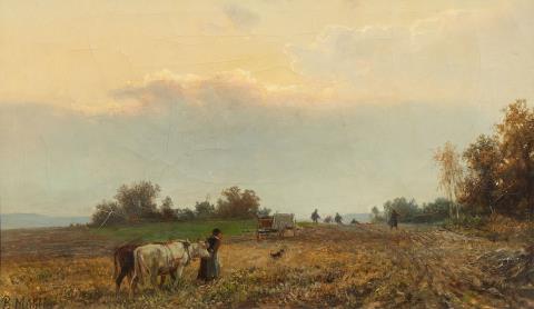 Bernhard Mühlig - Bauern auf dem Feld Jäger am Weiher
