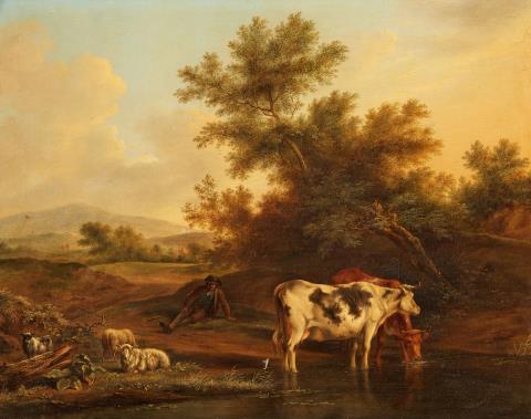 JOHANNES JANSON - Landschaft mit Hirte, Rindern, Schafen und Ziege