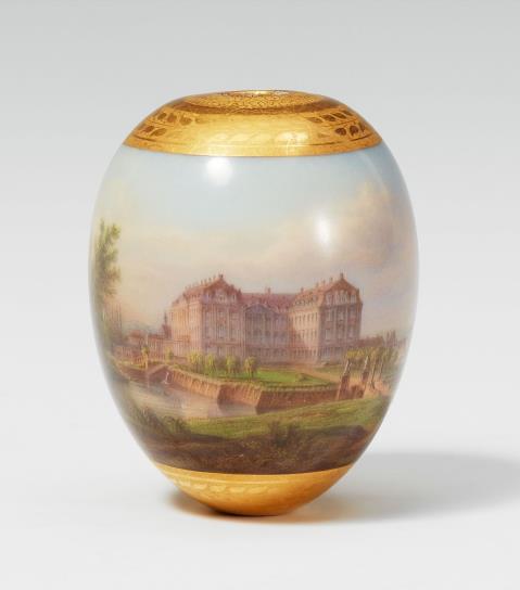 Carl Daniel Freydanck - A Berlin KPM porcelain egg with a view of Brühl Palace