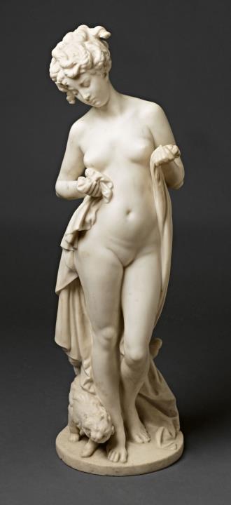 Louis Robert Carrier-Belleuse - A white marble statue "Baigneuse avec son chien"