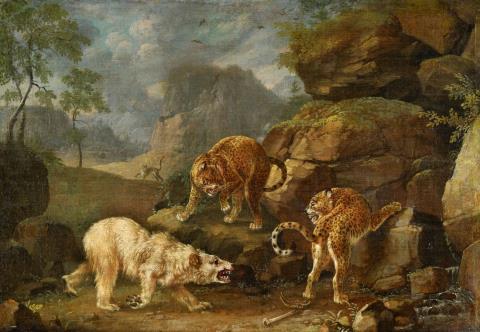 Johann Elias Ridinger - Kampf zwischen zwei Leoparden und einem Eisbär