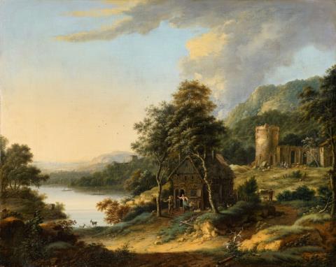 Johann Christian Vollerdt - Wooded River Landscape with a Farmhouse and Ruins