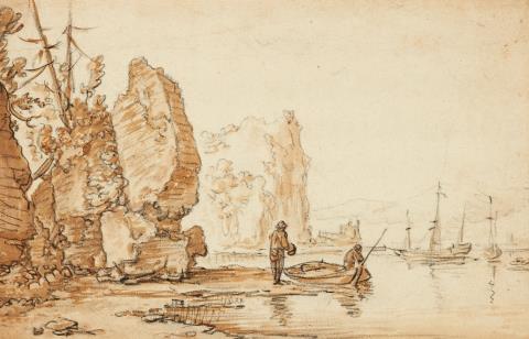 Jan van Aken - Felsige Küstenlandschaft mit Schiffen und Anglern
