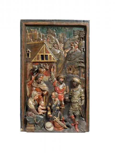 German mid-16th century - A mid-16th century German carved wood relief of the Adoration of the Magi