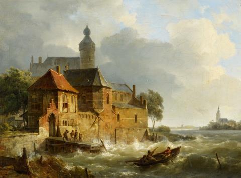 Cornelis Springer - A Rowing Boat in Stormy Seas near a City