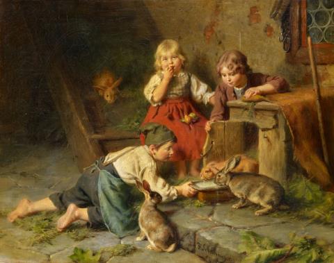 Felix Schlesinger - Three Children Feeding Rabbits