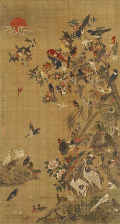 Quan Shen - Hundert Vogelpaare. Hängerolle. Tusche und Farben auf Seide. Aufschrift, zyklisch datiert Qianlong wuxu (1778), bez.: Nanpin Shen Quan und Siegel: Shen Quan zhi yin und Nanpin.