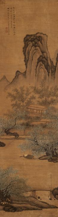 Jian Ming - Berglandschaft. Hängerolle. Tusche und leichte Farben auf Papier. Aufschrift, zyklisch datiert Daoguang dingwei (1847), sign.: Jigu Mingjian und Siegel: Xiao jiu Huashan seng un...