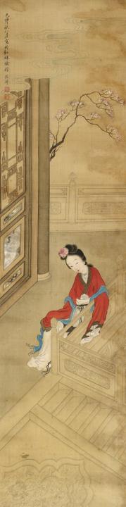 Qi Gai - An elegant palace lady sitting on a terrace below a flowering peach branch. Hanging scroll. Ink and colour on silk. Inscription, dated cyclically jimao (1819), inscribed Gai Qi,...