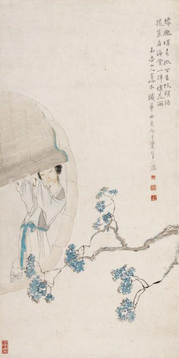 Hua Shi - Junge Frau an einem Rundfenster auf Blütenzweig blickend. Tusche und wenige Farben auf Papier. Aufschrift, sign.: Shi Hua nüshi, Siegel: Shi Hua und drei weitere.