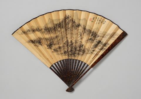 Binhong Huang - A fan depicting a landscape. Ink on paper. Inscribed Binhong, on the reverse a long calligraphy, inscribed Huang Binhong and sealed.