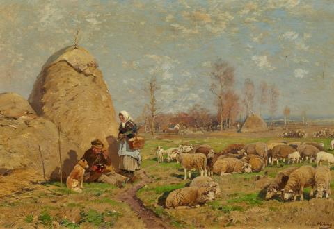 Hugo Mühlig - Summer Landscape with a Peasant Couple and Sheep