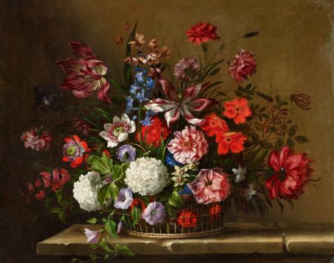 Französischer Meister des 17. Jahrhunderts - Stillleben mit Schneebällen, Tulpen und weiteren Blumen in einem Bastkorb