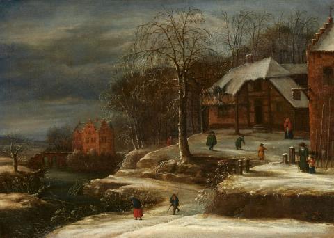 Daniel van Heil - Winter Landscape with a Farmstead and Moated Castle