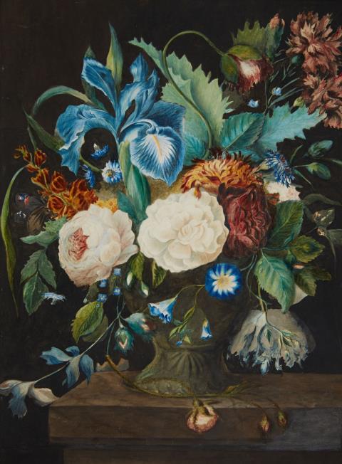 Jan van Huysum - Blumenstillleben mit blauer Iris, Pfingstrosen, Nelken und Winde