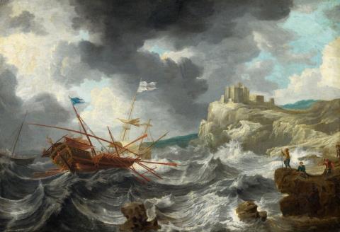Jan Peeters - Ships in Stormy Seas by a Rocky Coastline