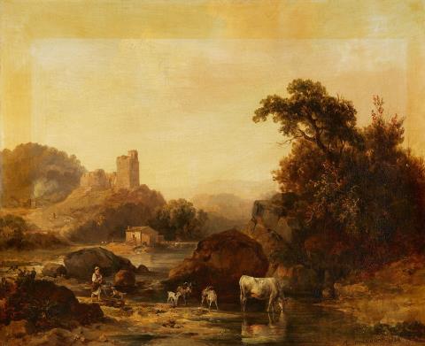 Jacques Raymond Brascassat - River Landscape with Castle Ruins and Cattle