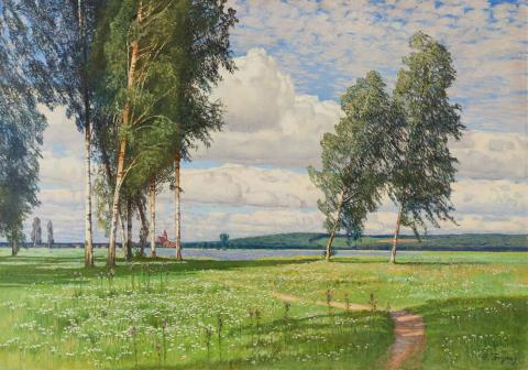 Paul Vorgang - Landschaft mit Birken und See