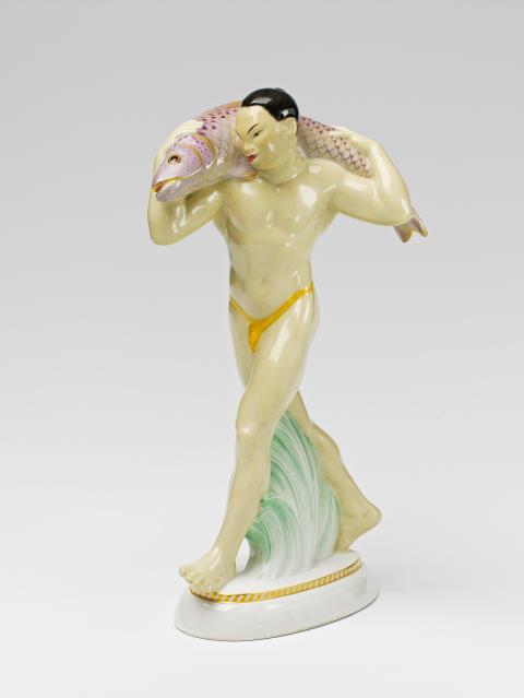 Adolph Amberg - A Berlin KPM porcelain model of a Japanese man with a fish