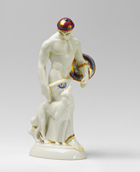 Adolph Amberg - A Berlin KPM porcelain figure of a Gothic man with a dog