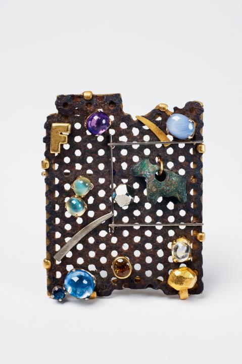 Falko Marx - An iron, platinum, 18k gold brooch set with "objets trouvés" and various gems by Falko Marx, Cologne
