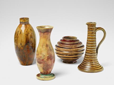  Steinzeugfabrik und Kunsttöpferei Reinhold Hanke - Four feldspar and copper glazed stoneware vases with varying decor