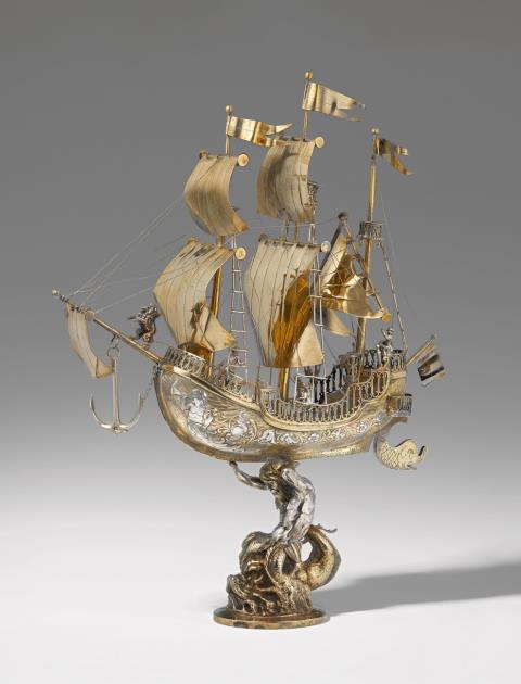 Neresheimer & Co. - A large Hanau parcel gilt silver table centrepiece formed as a galleon
