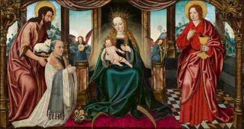 Meister des Aachener Altars - Madonna mit Christuskind, Johannes dem Täufer, dem Evangelisten Johannes sowie einem Stifter