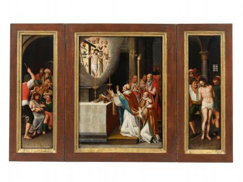 Flämischer Meister um 1577 - Flügelaltar mit der Gregorsmesse, Dornenkrönung und Geißelung Christi