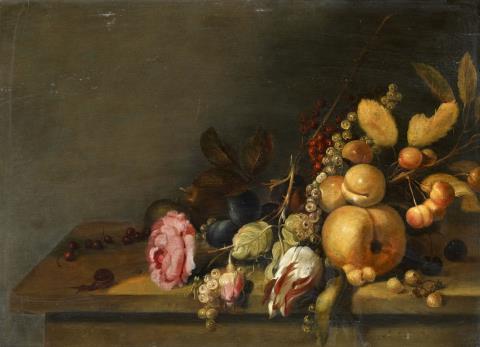 Hans Bollinger - Stillleben mit Rosen und Früchten auf einem Tisch