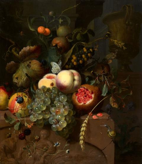 Jan Mortel - Still Life with Peaches, Grapes, Apples, and a Pomegranate on a Stone Relief