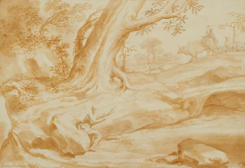 Domenico Piola - Landschaft mit einem unter einem Baum sitzenden Hirten