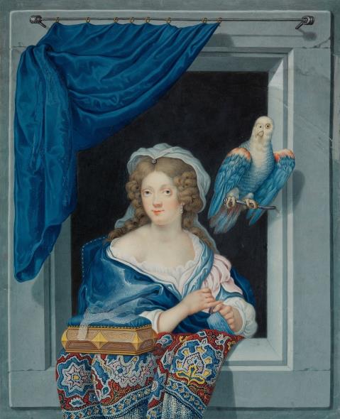 Johann Jakob Hoch - A Lady, Dog, and a Parrot seen through a Window Lady with a Sewing Box and a Parrot seen through a Window