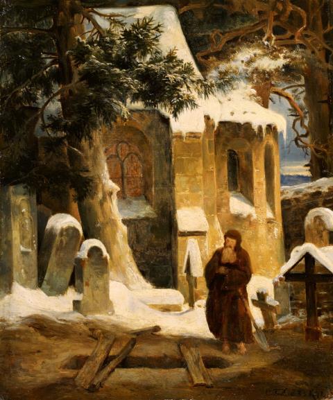 Carl Friedrich Lessing - Study for a Painting of an Abbey Graveyard in the Snow