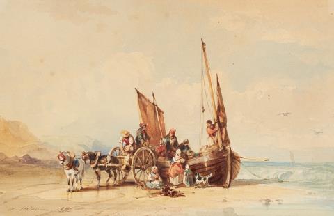 Auguste Delacroix - Fishers and Horse Carts on a Beach