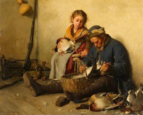 Antonio Rotta - Interior Scene with a Grandfather and Granddaughter plucking Ducks