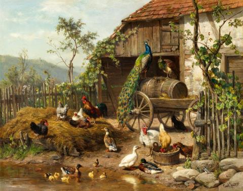 Carl Jutz the Elder - Poultry Run with Two Peacocks