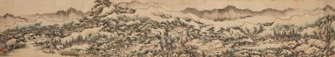 Fenghan Gao - Landscape. Horizontal scroll. Ink and colour on paper. Sealed Cun and one collector's seal. Colophon.