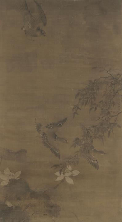 Xiao Wang - Ducks in flight pursued by a hawk.