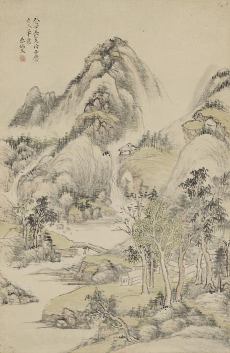  Scowen & Co. - Landschaft. Hängerolle. Tusche und Farben auf Papier. Aufschrift, zyklisch datiert guichou (1853), sign.: Qin Bingwen und Siegel: Yiting und ein weiteres.
