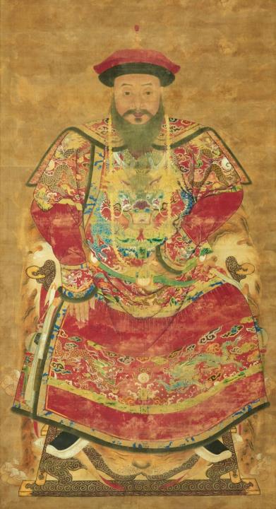 Anonymous painter . 19th century - A portrait of a Manchu dignitary in a formal court robe displaying dragons. Ink and colour on silk.