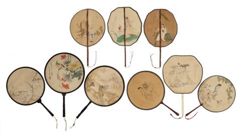 Languang Zang - Nine fans. Ink and colour on silk. a) to f) Figures. Inscription, signed Shang Gu Languang and different seals of the artist; g) landscape. Inscription, signed Liu Yulin and sea...