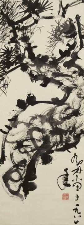 Lin Deng - Dragon pine. Ink on paper. Hanging scroll. Inscription, dated 1981, signed Deng Lin and sealed Feng Lin hua yin. Titled to the label: shukuang (wild).